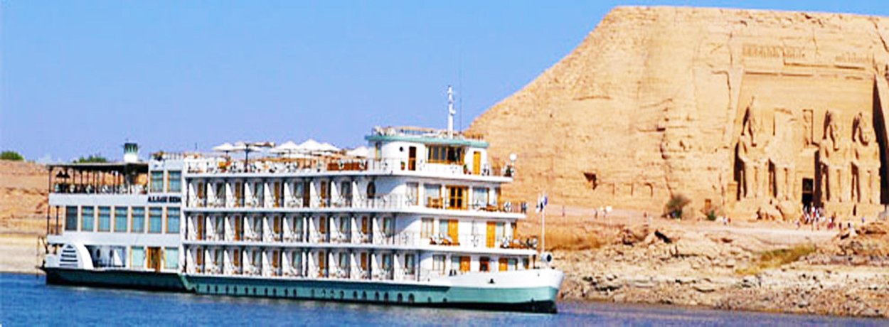 Lake Nasser cruise ship sailing beside Abu Simbel